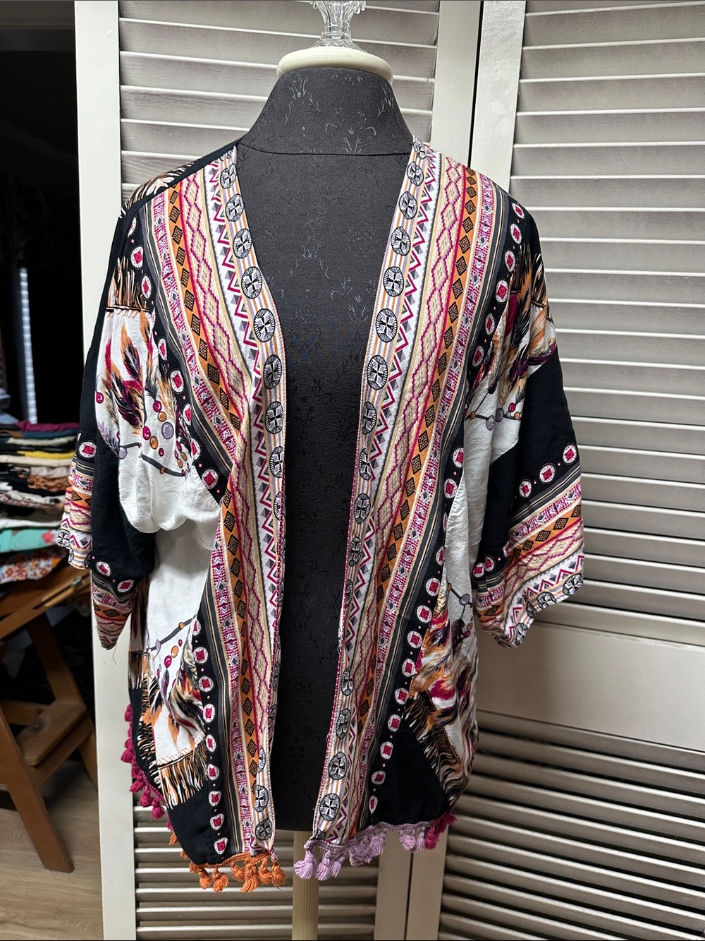 Umgee Black Multicolor Boho Tassel Kimono Cardigan
